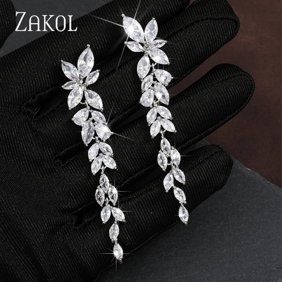 ZAKOL Luxury Marquise Cluster Shiny Leaf Shape Cubic Zirconia Long Dangle Drop Earrings for Brides Wedding Jewelry FSEP2605