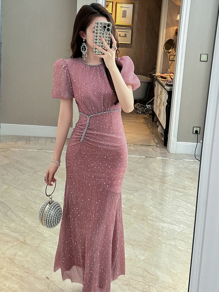 Elegantประณีตหมั้นชุดราตรีผู้หญิงสีดําสีชมพูShiny Bright SequinsพับFishtail Robe Femme Party Prom Vestidos