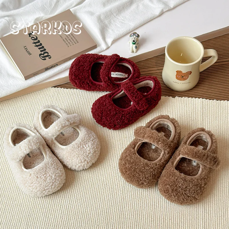 

Round Toe Soft Lambswool Ballet Flats Kid Girls Winter Warm Teddy Fur Mary Jane Shoes Baby Child Brand Design Fluffy Plush Shoes