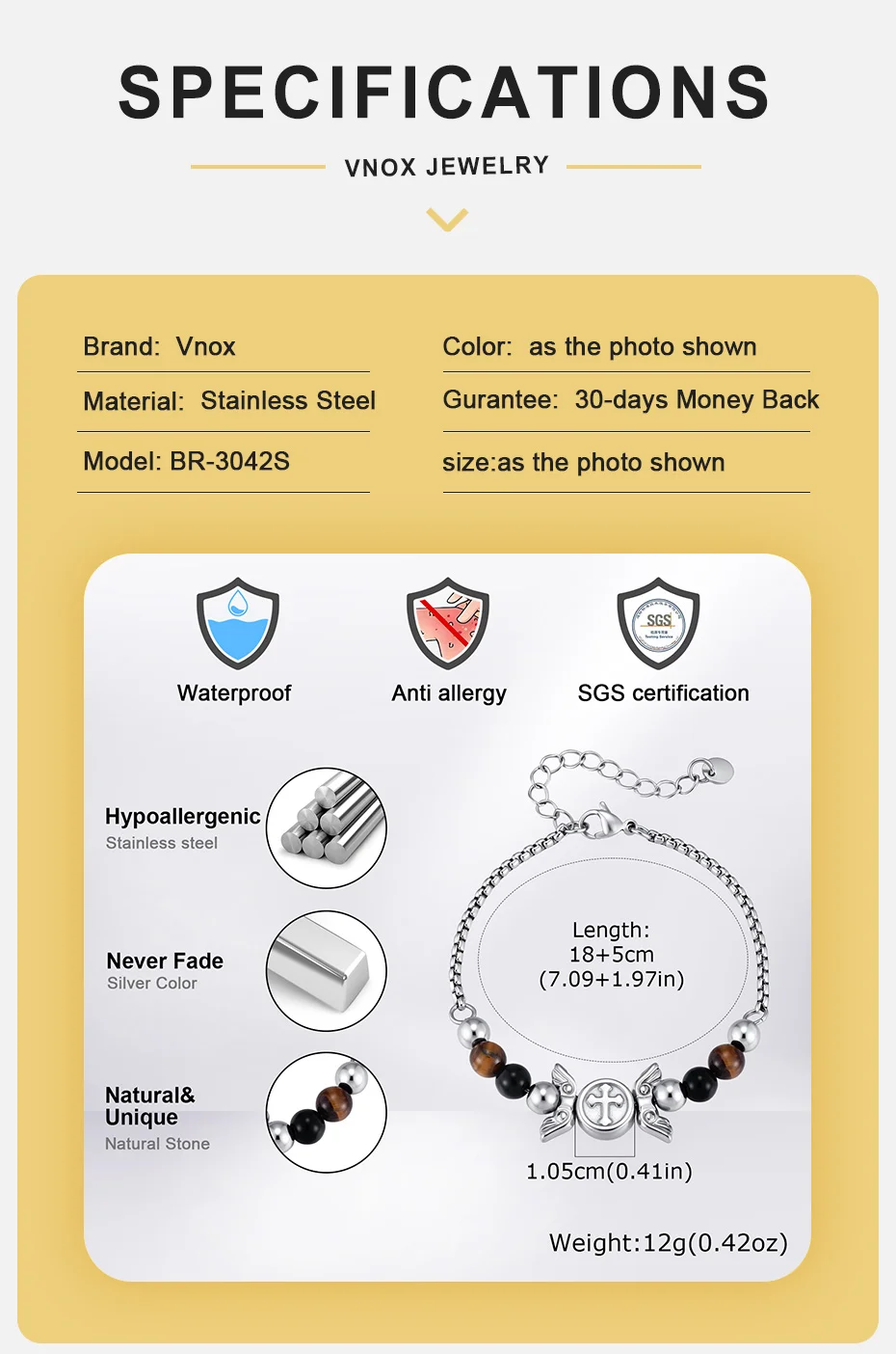 Vnox Kreuzflügel Tigerauge Schwarzer Onyx Perlenarmband für Männer und Jungen, Edelstahl-Kastenkette, Verstellbarer Religiöser Schmuck Geschenk – Detail 4
