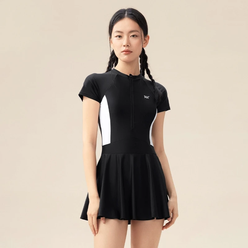 Women One Piece Short Sleeve Quick-Dry Water Sports Bathing Swim Skirts Professional Front Zipper Push Up Surfing Beach SwimWear