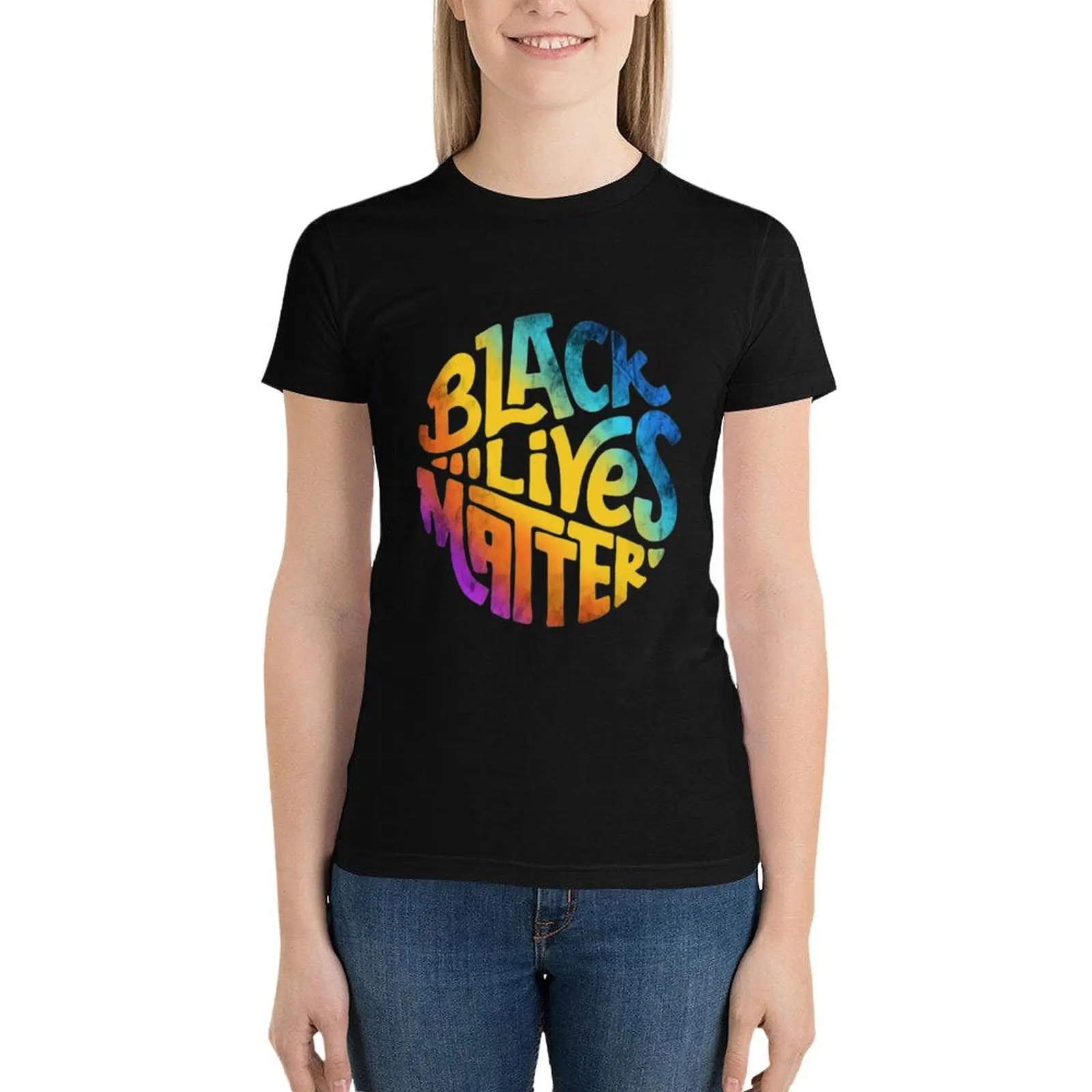 

Black lives matter rainbow lettering T-Shirt tees summer top black t-shirts for Women