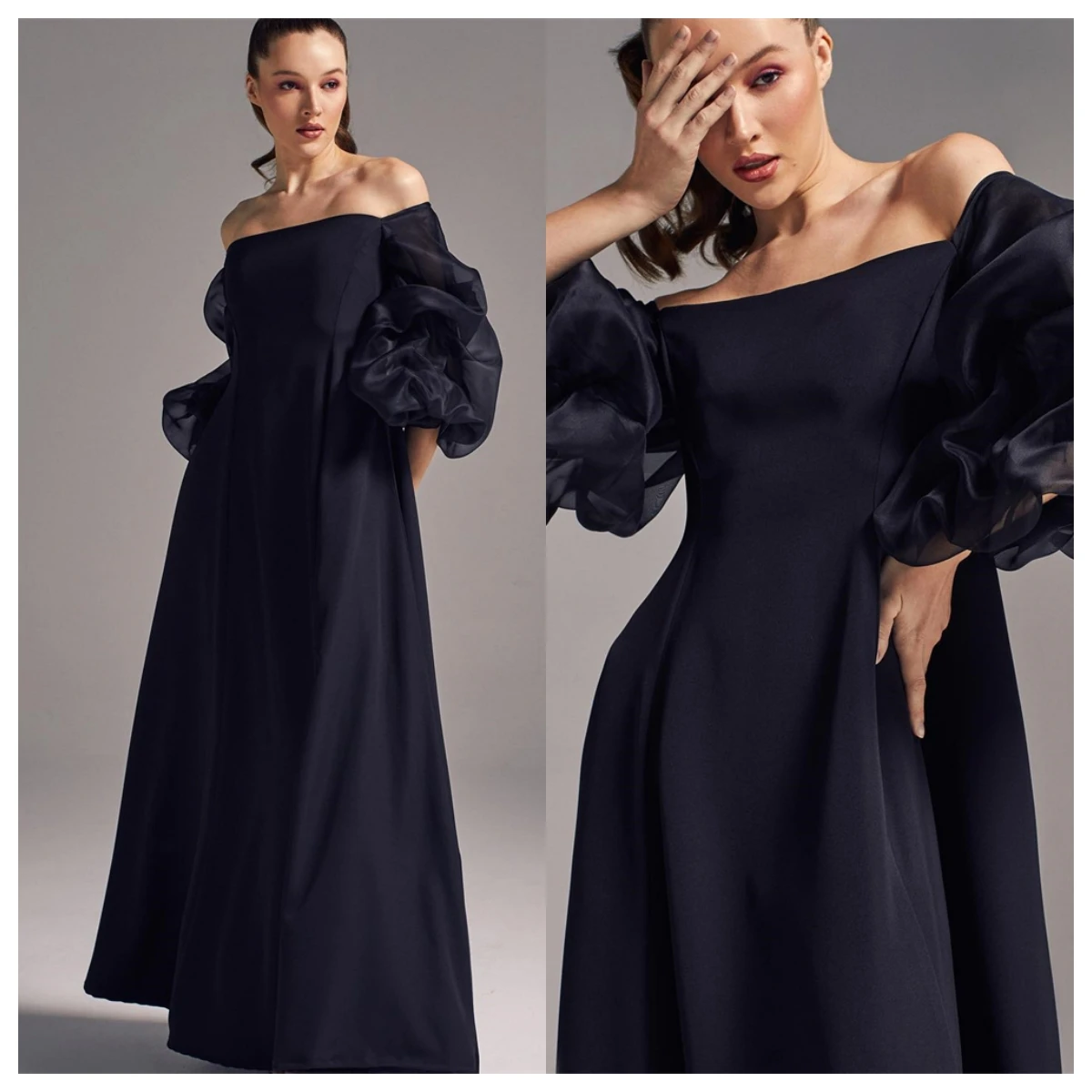 

Customized Elegant Black Jersey Evening Dress Boat Neck Off the Shoulder 3/4 Sleeves Bridal Party Special Occasion Gowns