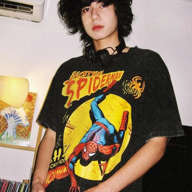 Marvel Spider Man T-shirt Retro Style Anime Graffiti Creative Boys Cotton Loose Short Sleeve Personalized Top Holiday Gift