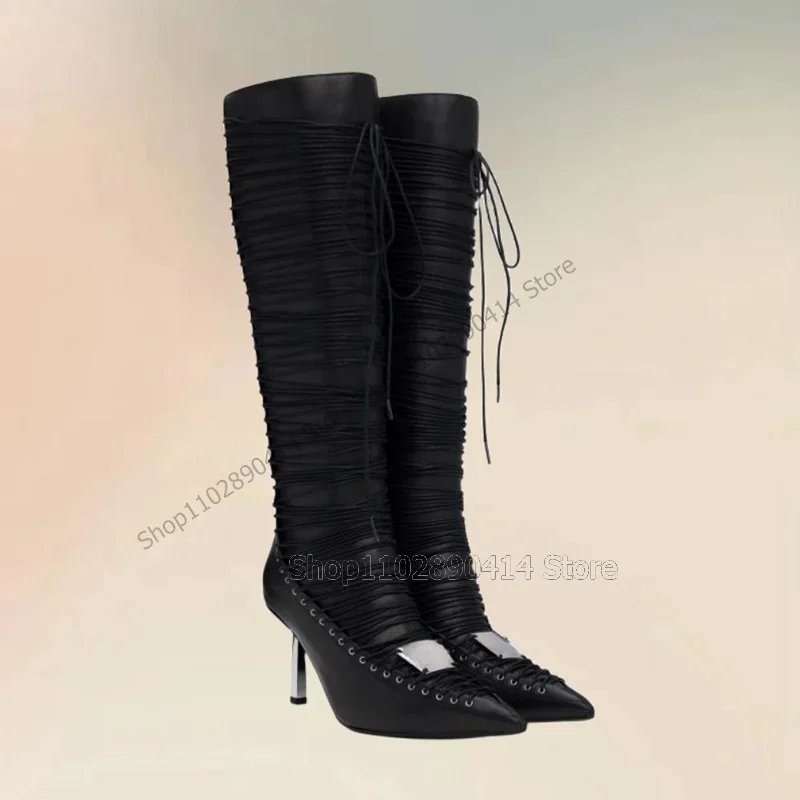 

Black Cross Tied Strappy Metal Heel Pointed Toe Boots Back Zipper Women Shoes Thin High Heels New Party 2025 Zapatos Para Mujere