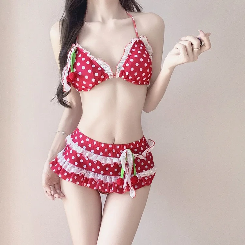 Women's 3-piece Bikini Red Polka Dot Cherry Decoration Ruffled Lace Camisole Top Skirt Bottom Long Sleeved Cover Swimsuit