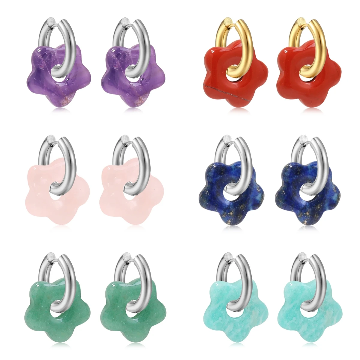 

Silver 15mm Flower Gemstone Pendant Drop Earrings for Women Stainless Steel Findings Healing Chakra Stone Dangle Ear Jewelry