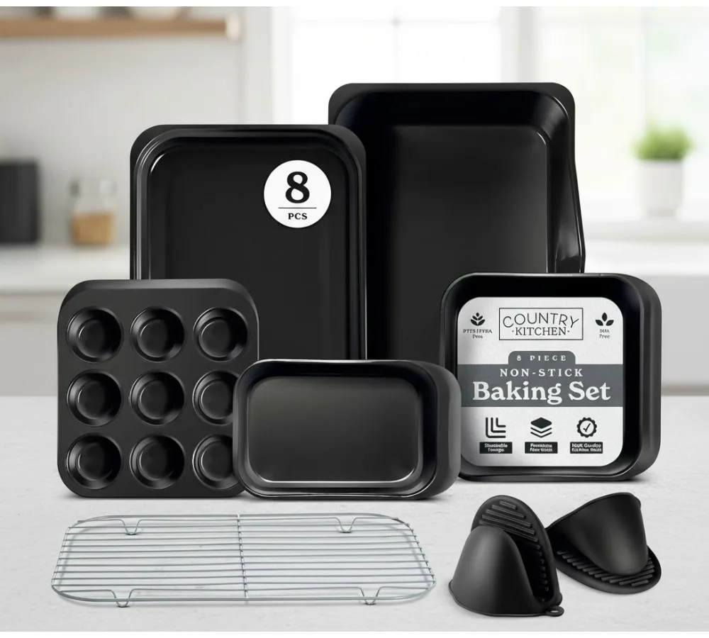 

Nonstick Stackable Bakeware Set - Heavy Duty 8-Piece Baking Pans for Easy Release & Space Saving