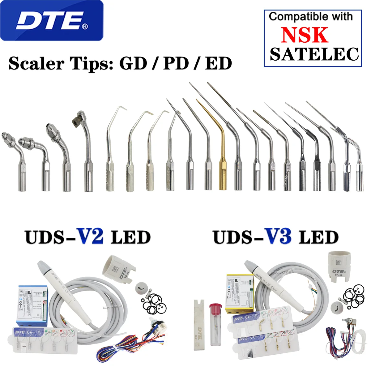 Woodpecker DTE Dental Ultrasonic Scaler Built-in UDS V2/V3 LED Scaler Handpiece HD-7L Scaling Tips Fit NSK SATELEC Dentist Tools