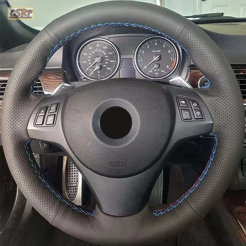 Full Black Leather Car Steering Wheel Braid Soft Leather Cover For BMW E81 E90 Pack M Sport M3 E91 E92 E93 E87 E82 E88 X1 E84