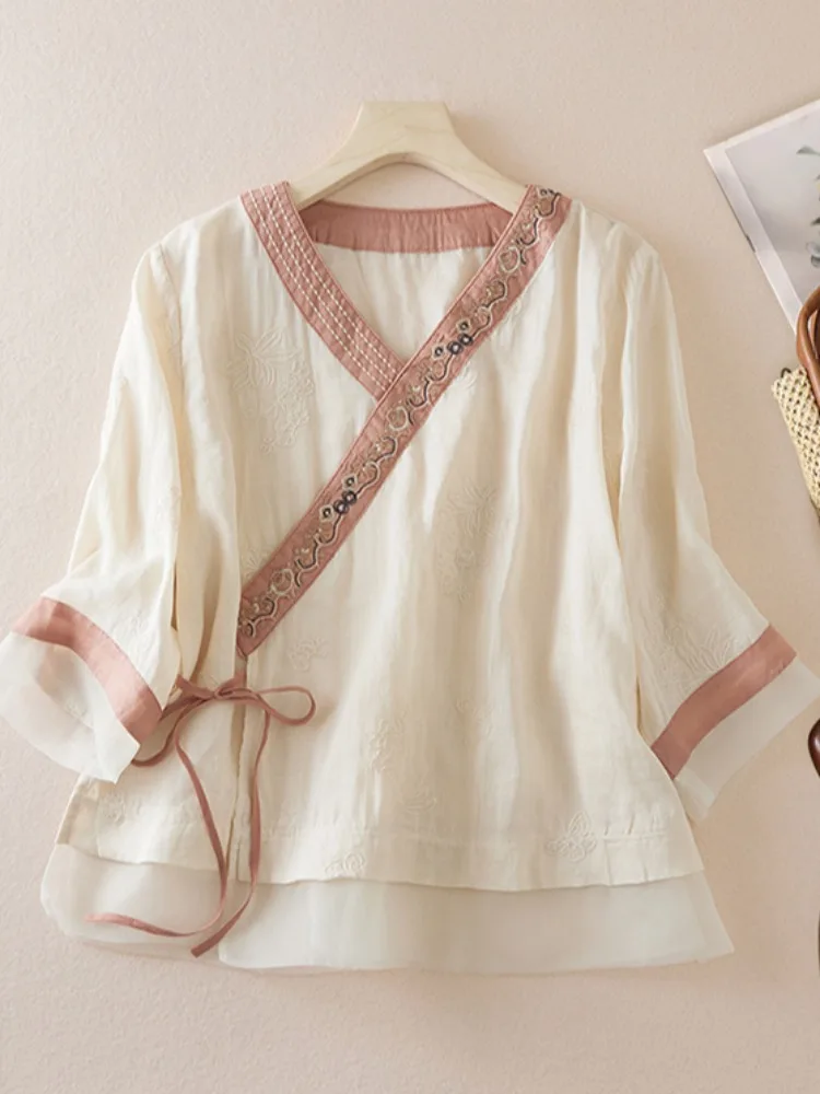 

Summer New Embroidered Cotton Linen irt Women's Seven Sve Top Chinese V-ne Color Blo Belted Tea Costume Small irt
