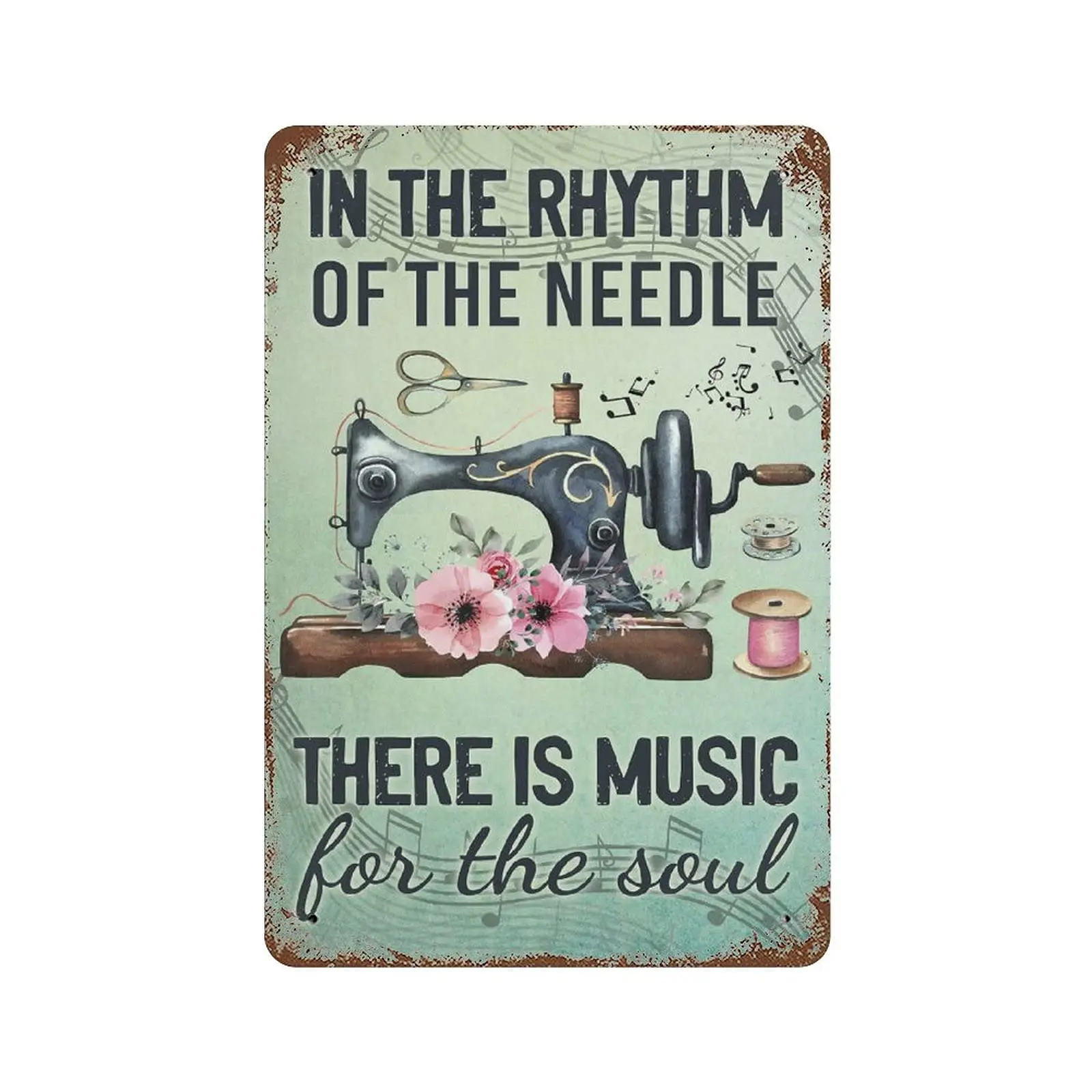 Metal tin sign，Retro Style， Novelty poster，Iron Painting，Sewing Machine & Music Notes Tin Sign, Sewing Room Wall Art, Craft