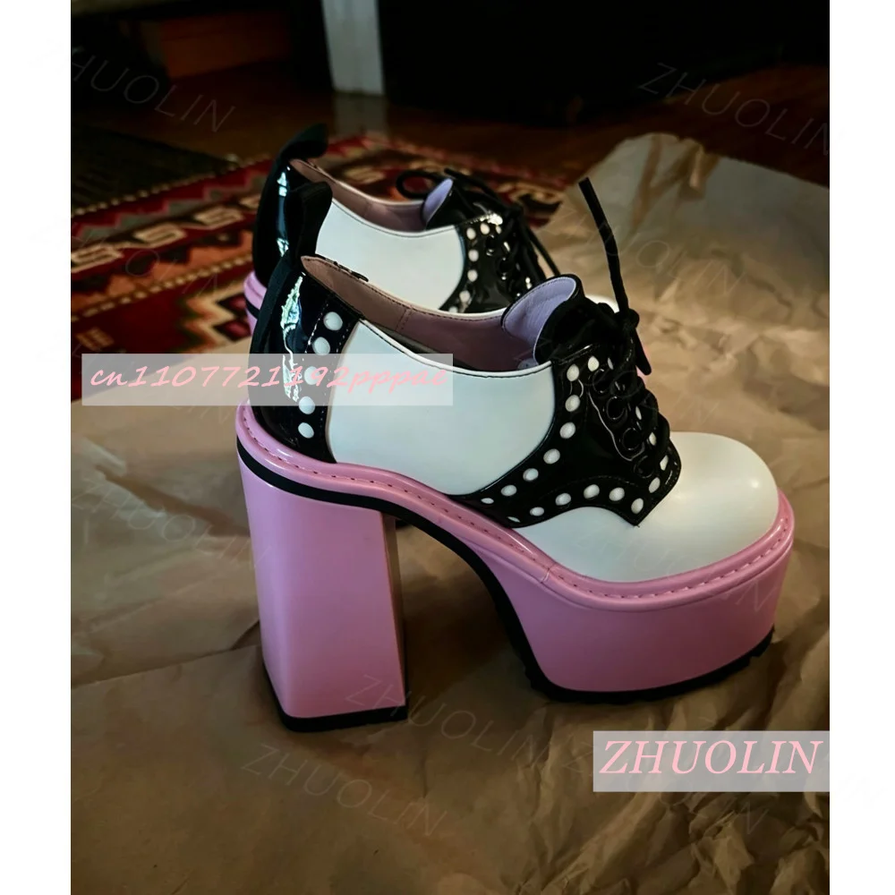 Women Pink Platform Mary Jane Shoes Chunky Straight Heel Lace Up Studded Detail Round Toe Fashion Pumps Party Dress Footwear
