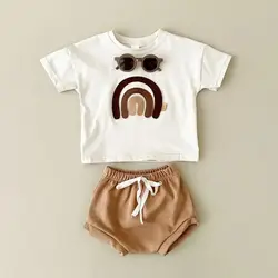 2024 Baby Boys Clothes Set Leisure Vacation Rainbow Patchwork Short Sleeved T-shirt+beach Shorts Children's Casual Suit Girls