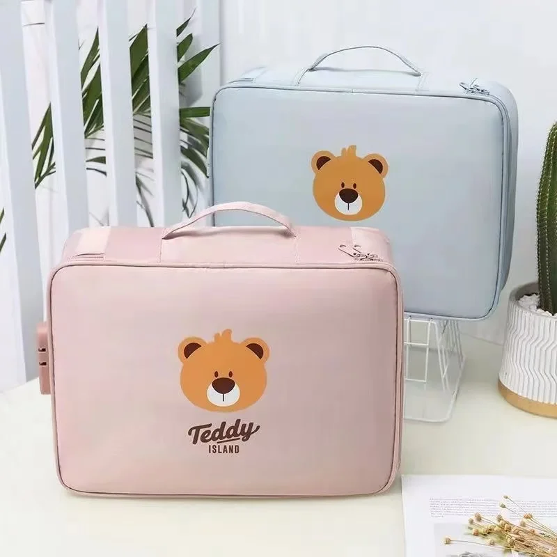 

Multi-Functional Cartoon Bear Storage Bag Password Lock Anti-Theft Large Capacity Travel Organizer Portable Document Casewith