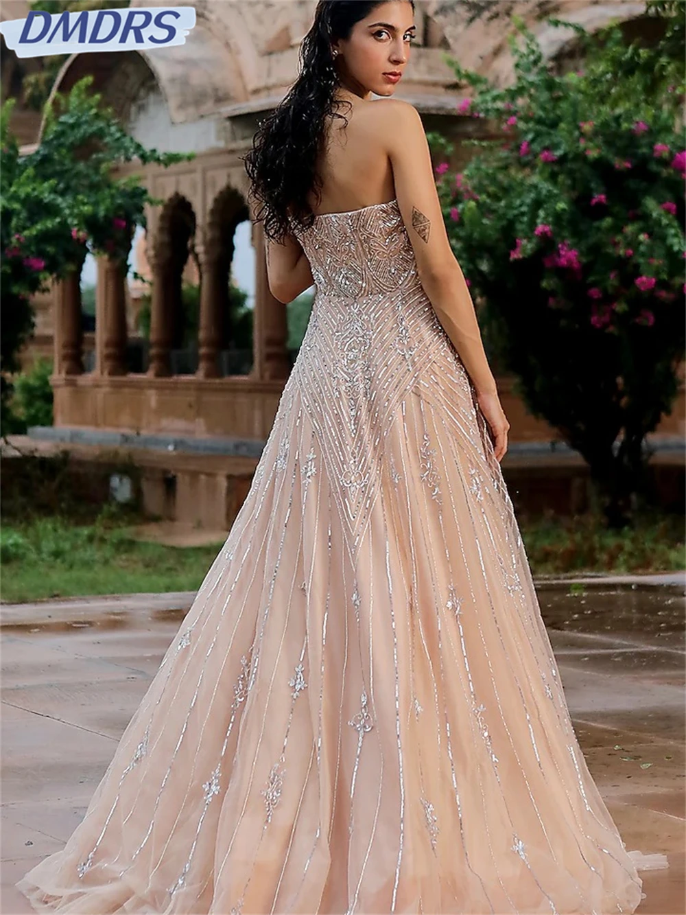 Romântico Strapless A-Line Prom Dress, Vestidos de tule, brilhante sem mangas, vestido até o chão, elegante, 2022