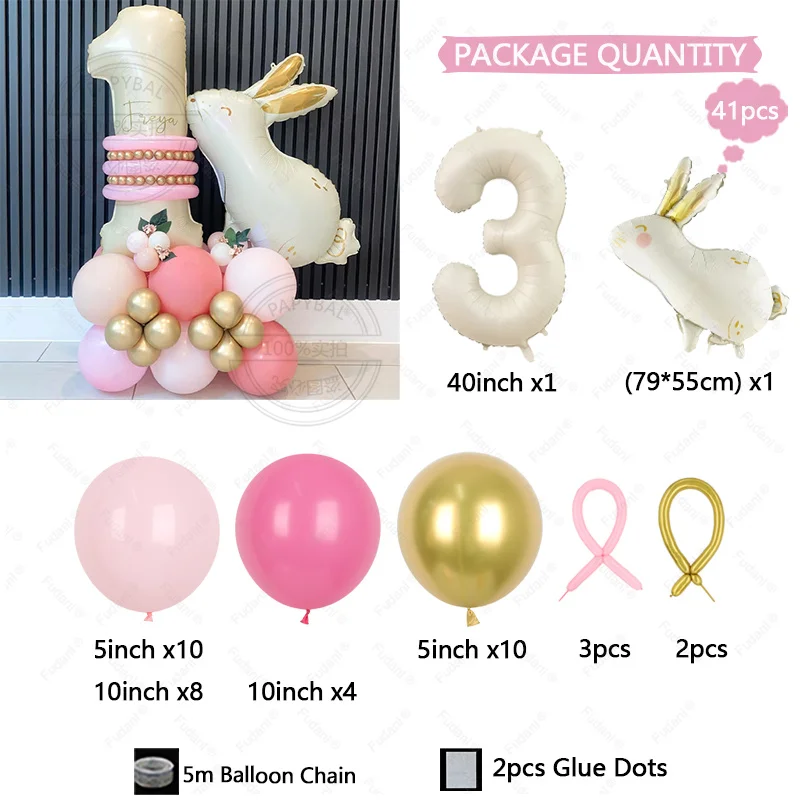 41Pcs Balloons Cute Rabbit Series Theme Pink Latex Balloons for Bridal Baby Shower Bachelorette Birthday Party Decoration