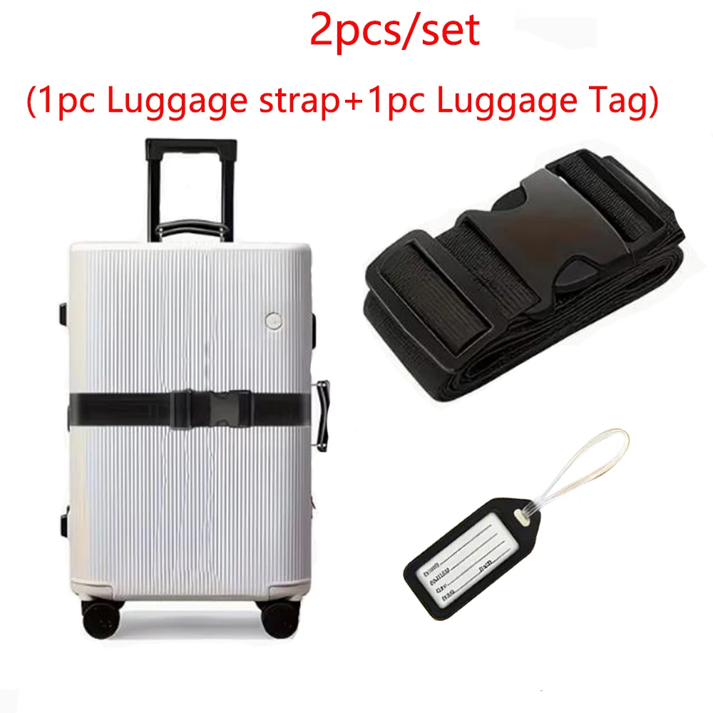 2Pcs/Set Travel Luggage Strap + Luggage Tag Set (1 Strap + 1 Luggage Tag) Travel Clothing Storage Strap, Outdoor Business Trip Clothing Storage Rope, Luggage Packing Strap, Travel Bag Fixing Strap, Luggage Accessories Strap
