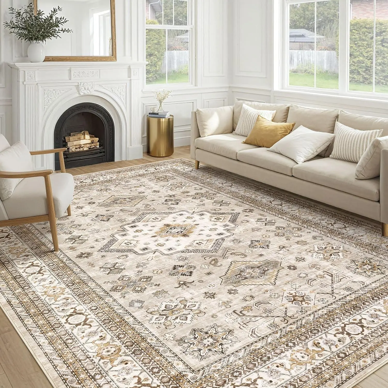 

Large 9x12 Washable Area Rug, Traditional Distressed Farmhouse Carpet for Living Room, Bedroom, Beige