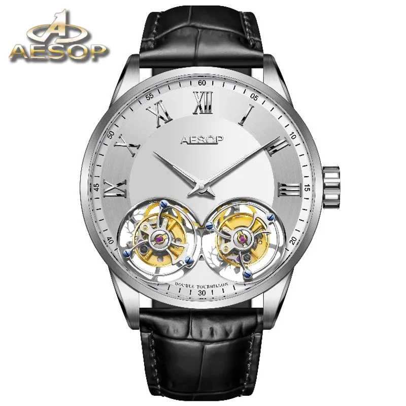 AESOP Double Tourbillon Men's Mechanical Watch Manual Stainless Steel Luminous Sapphire Men Watch Business Leather Reloj Hombre