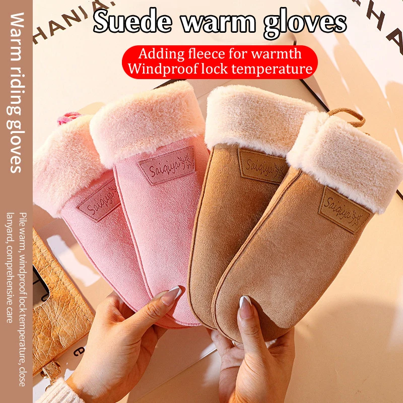 Winter Women Keep Warm Thickened Fleece Suede Halter Riding Gloves Cute Lovely Sweety Cold Protection Running Ski Cycling Mitten