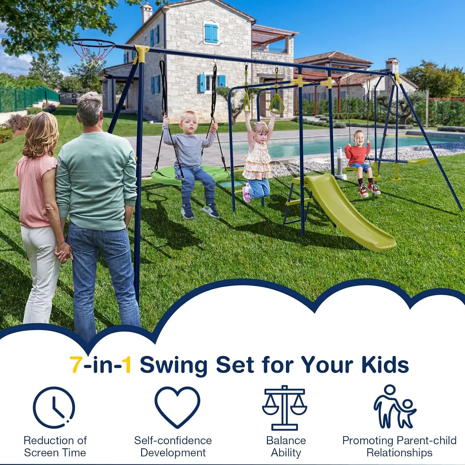 GLACER 7-in-1 Kids Swing Set w/ 2 Swings, Slide, Fun Glider, Gym Rings, Monkey Bars, Basketball Hoop, 660 LBS Swing Set for Kids