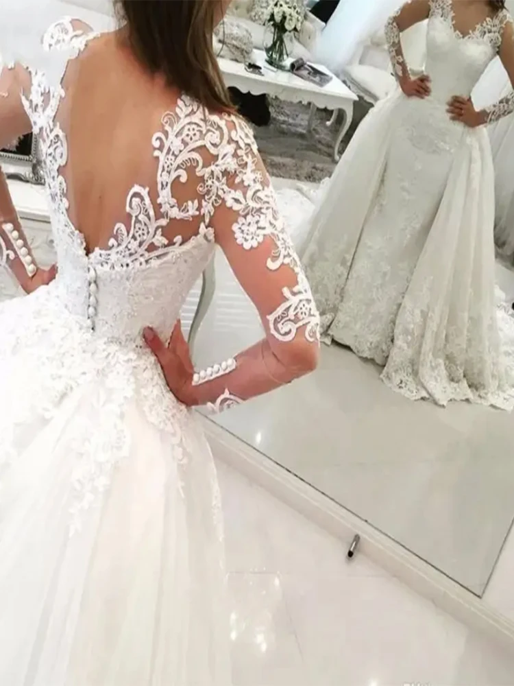 Luxury White 2 in 1 Detachable Mermaid Wedding Dresses 2023 Lace Appliques Saudi Arabia Long Sleeves Bride Gown Vestido De Noiva