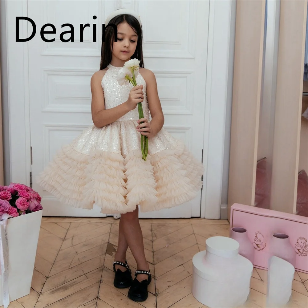 

Customized Flower Girl Dress Dearin Shoulder Girdle A-line Knee Length Skirts Sequin Dresses