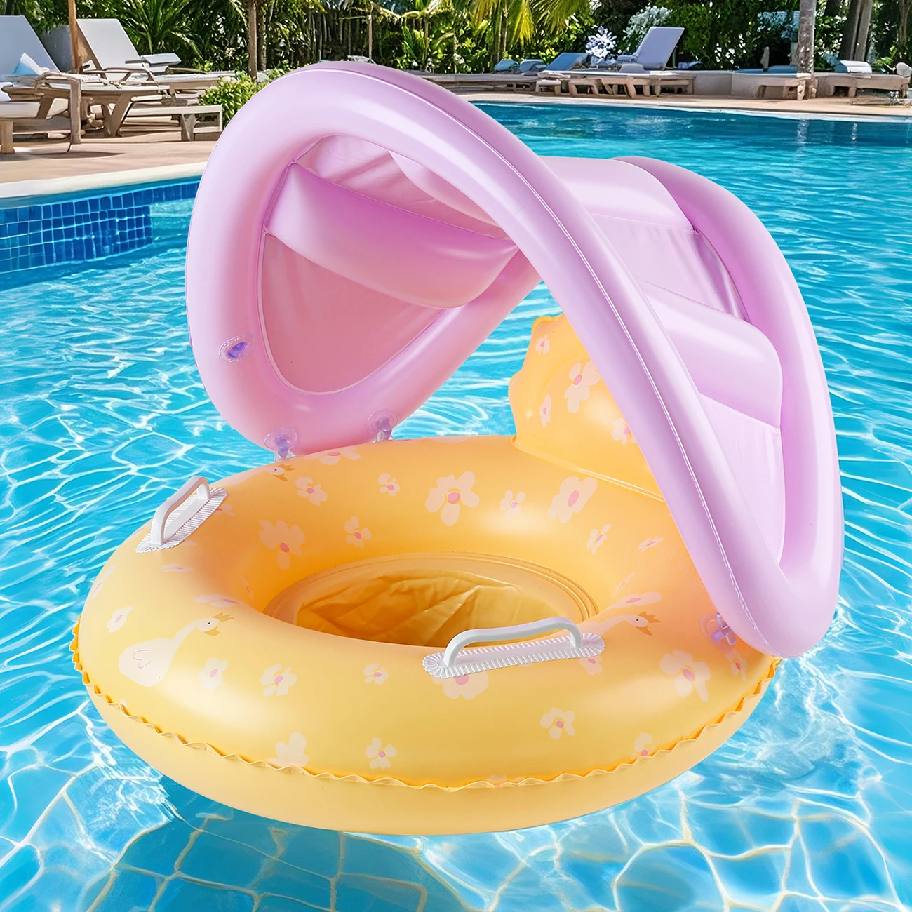 1PC インフレータブルプールフロート、黄色のキャノピーシート付き、夏のプールの水に浮かぶため