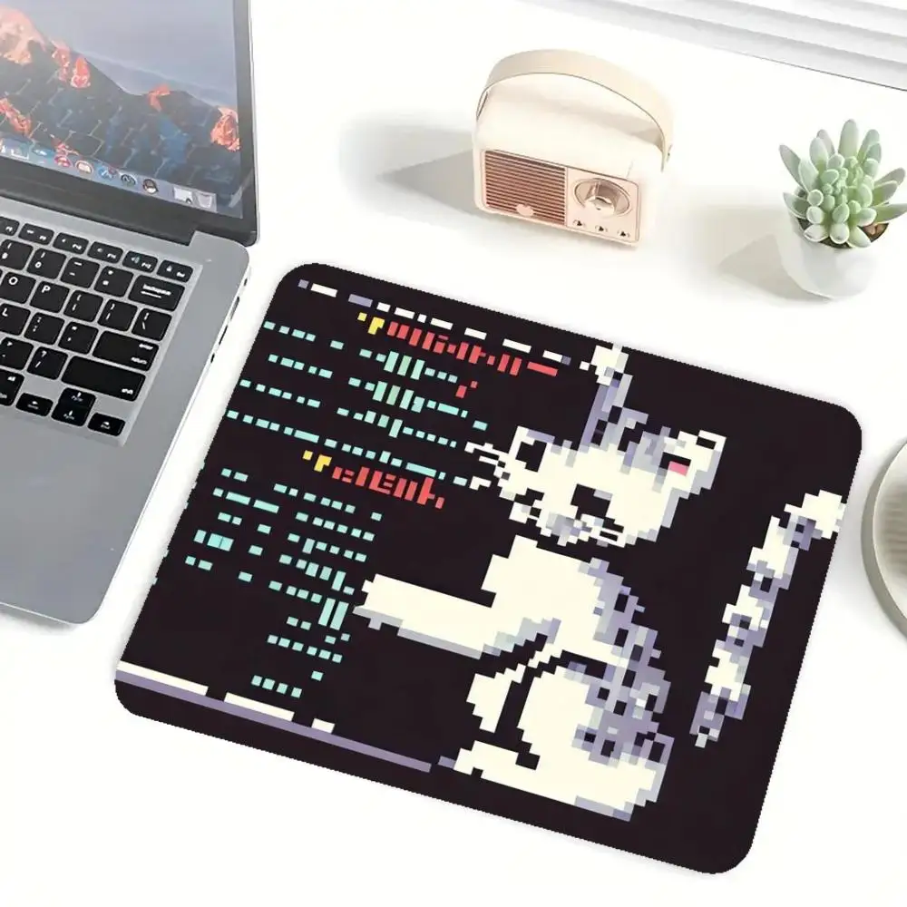 Funny Pixel Cat Typing On Black Code Terminal Screen Playmat Fit Large Size Laptop Office Learning Mat