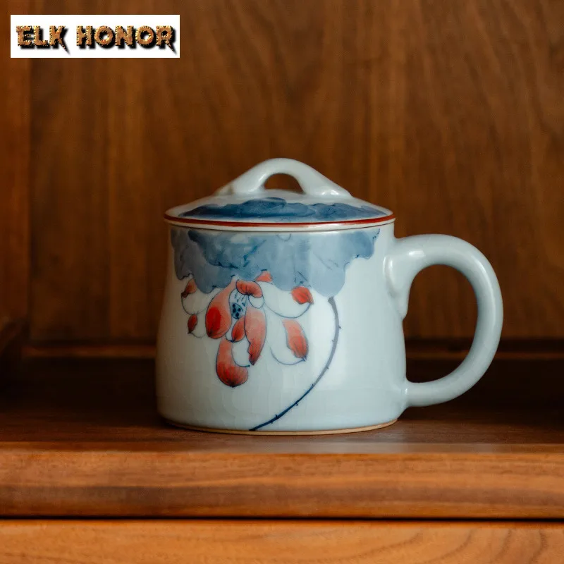 300ml Ru Kiln Pure Hand-painted Lotus Charm Coffee Mug Cappuccino Latte Cup Afternoon Tea Mug Master Office Water Cup Teaset