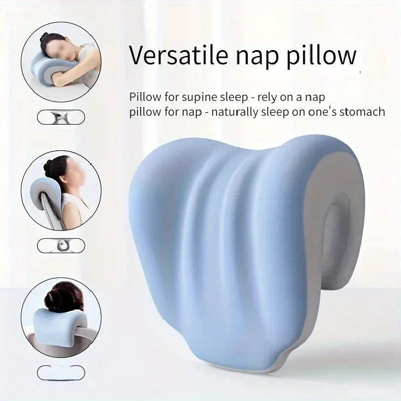 Ergonomic Office Nap Pillow for Supine & Natural Sleep,Portable Light Blue Neck Support Cushion with Adjustable Strap