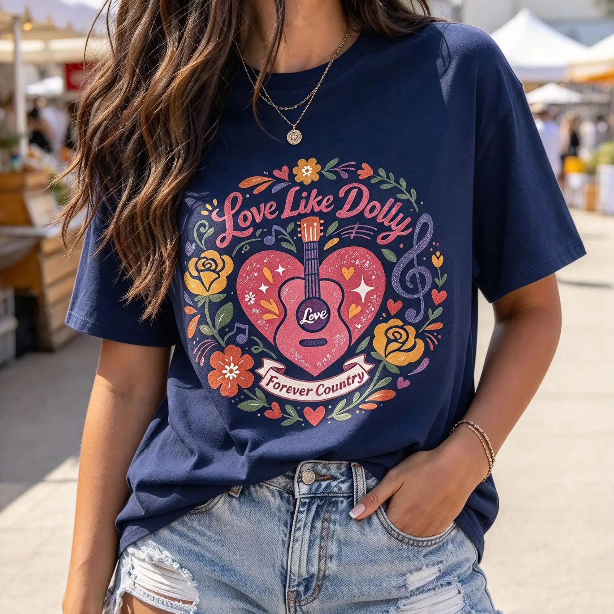 Love Like Dolly Forever Country Guitar Floral Graphic T Shirt Women Country Music Lover Casual Short Sleeve Aesthetic Tops