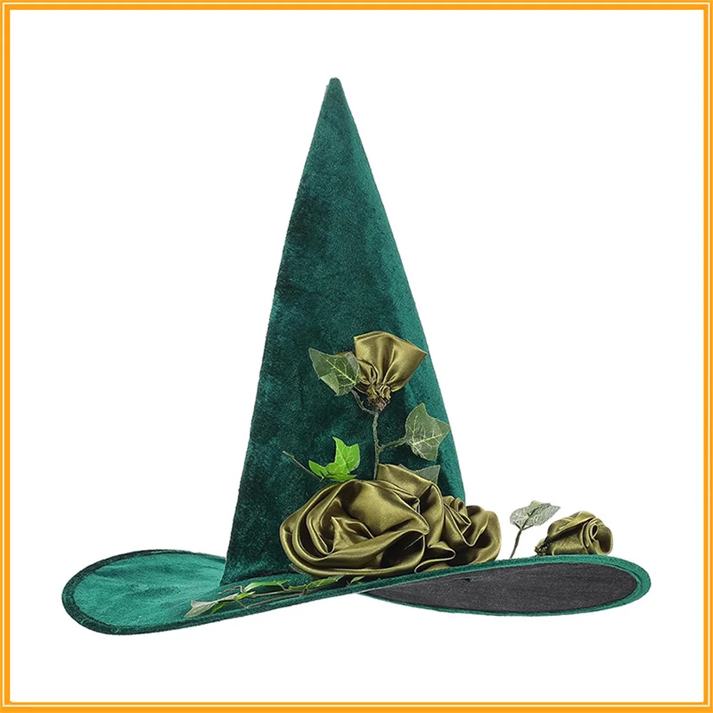 Halloween Witch Hat Green Flower Decorative Hat Holiday Party Supplies Cosplay Costume Accessories Props Cartoon DIY Hat 1pcs