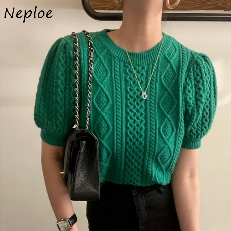 Neploe Retro Temperament Crewneck Sweaters Women Hemp Pattern Short Puff Sleeve Knit Crop Top Woman 2024 New Knitwear Pullover