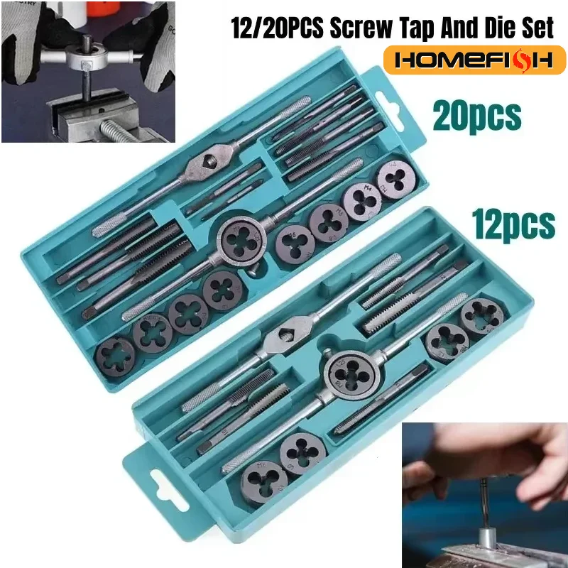 Multifunction Tap and Die Set 12/20Pcs M3-M12 Metric Screw Thread Plugs Hand Screw Taps Straight Taper Tapping and Thread Tools