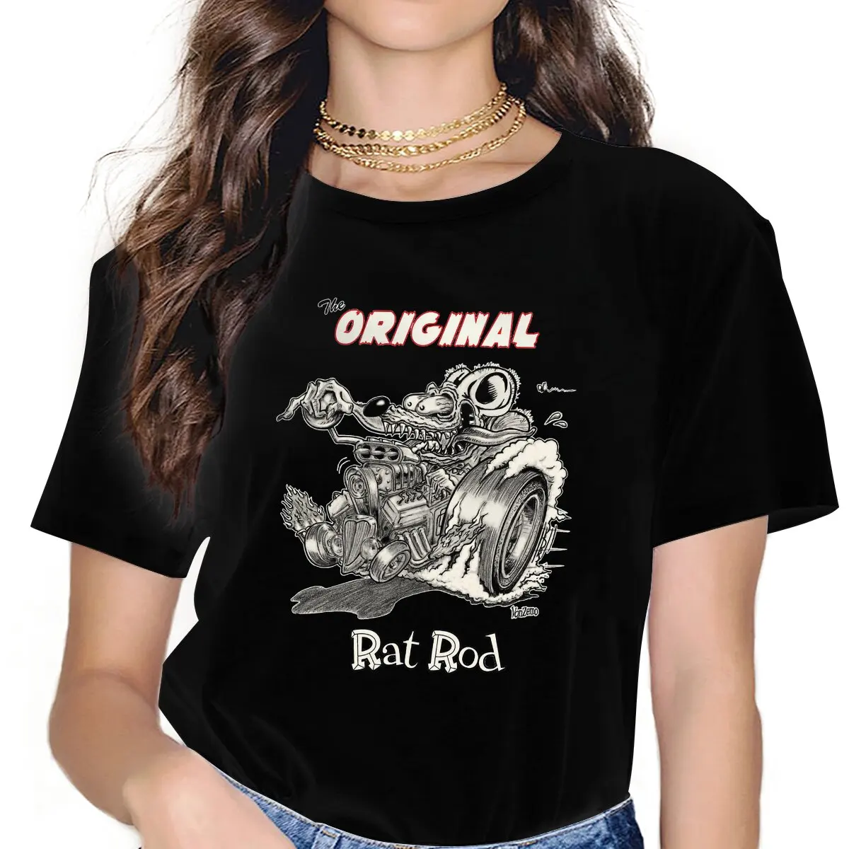 Women's The Original  Rod T Shirts Tales Of The Rat Fink Cartoon Film Tops Funny Short Sleeve Round Collar Tee Shirt T-Shirt