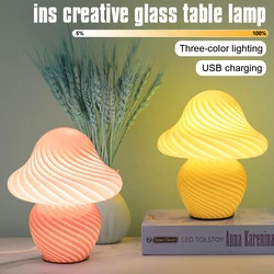 European-style Led Mushroom Table Lamp Creative Retro Striped Glass Living Room Bedroom Bedside Atmosphere Lamp Home Decoration