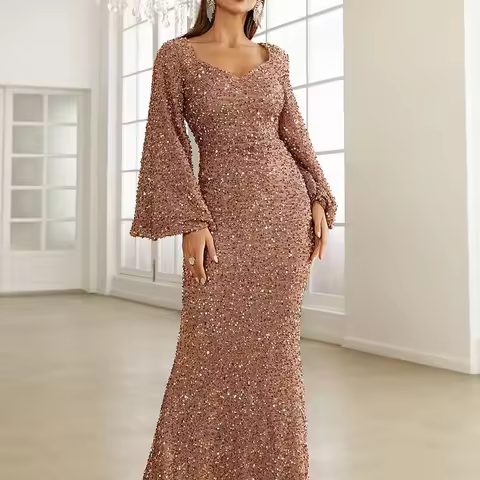 2024 New Fashionable V-Neck Rhinestone Embellished European and American Style Midwaist Flare Sleeve Long Evening Dress