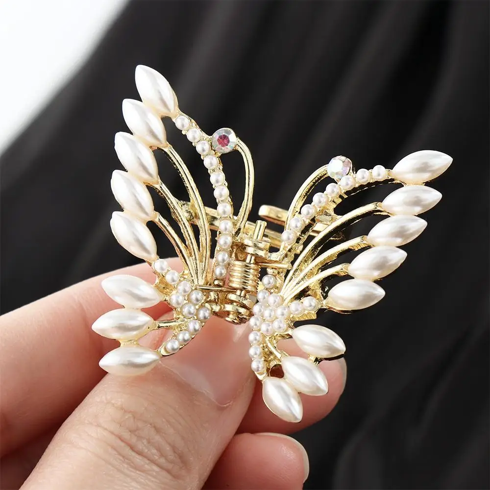 Butterfly Catch Clip Hair Clip Rhinestone Hair Claw Sweet Pearl Hair Accessories Female Fairy Temperament Small Clip