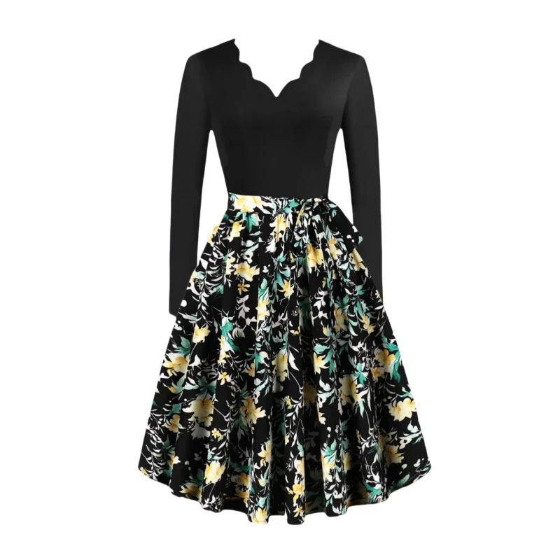 

High end French dress with feminine temperament, slimming long sleeved printed large swing skirt, V-neck