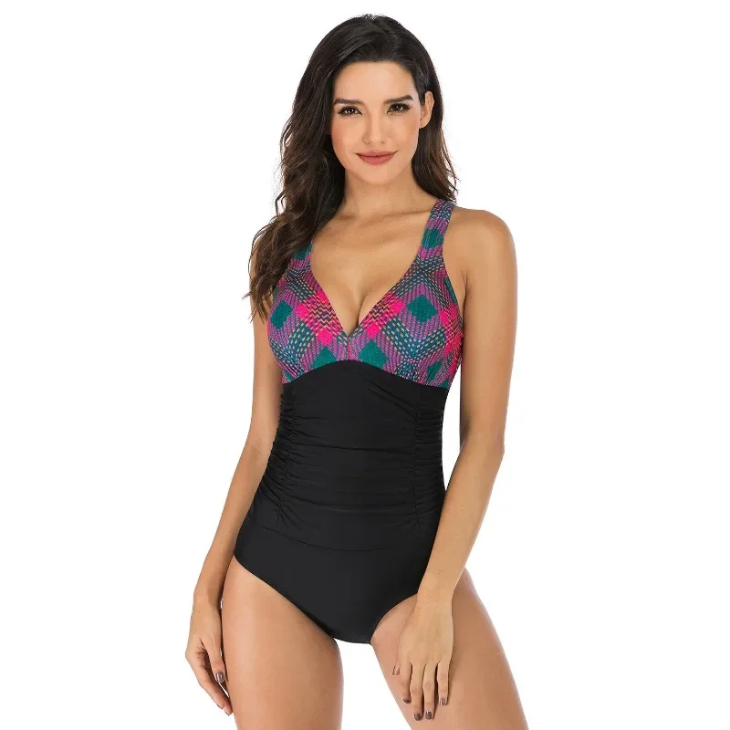 Women Summer V Neck Printed Swimsuits Solid Colors Body Suits Backless One-Piece Suits New Fashion Sexy Bathing Suits Beachwear