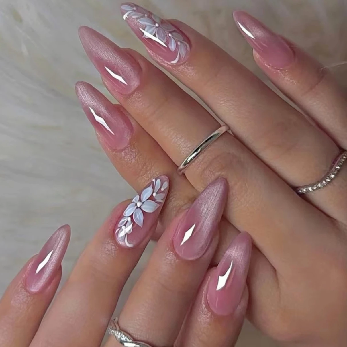 Poudre à paillettes nacrée œil de chat fleur carrée longue pointe faux ongles Art amande faux ongles Ballet presse sur ongles manucure