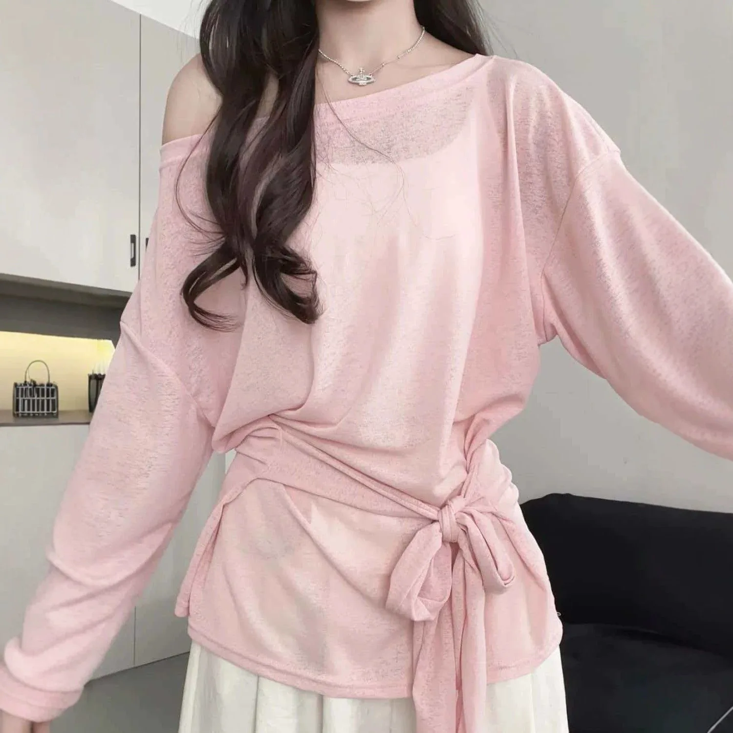 B Sexy Thin transparent Long sleeve Top casual Oversize T-shirt Women's Bandage Off shoulder Top Female Base layer Shirt Korean