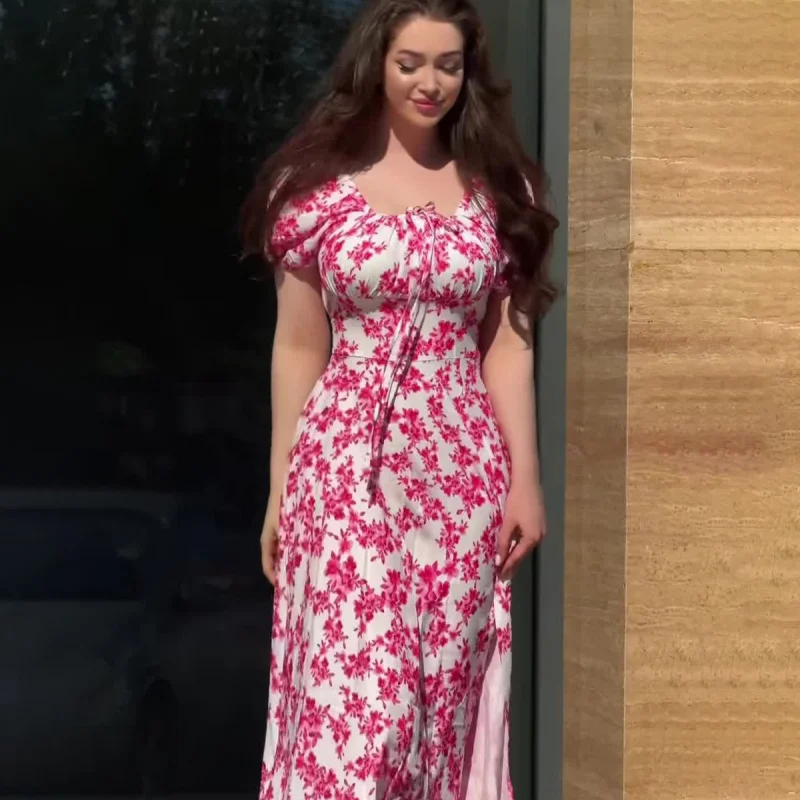 

2025Summer new style retro sweet temperament short-sleeve printed long dress for women