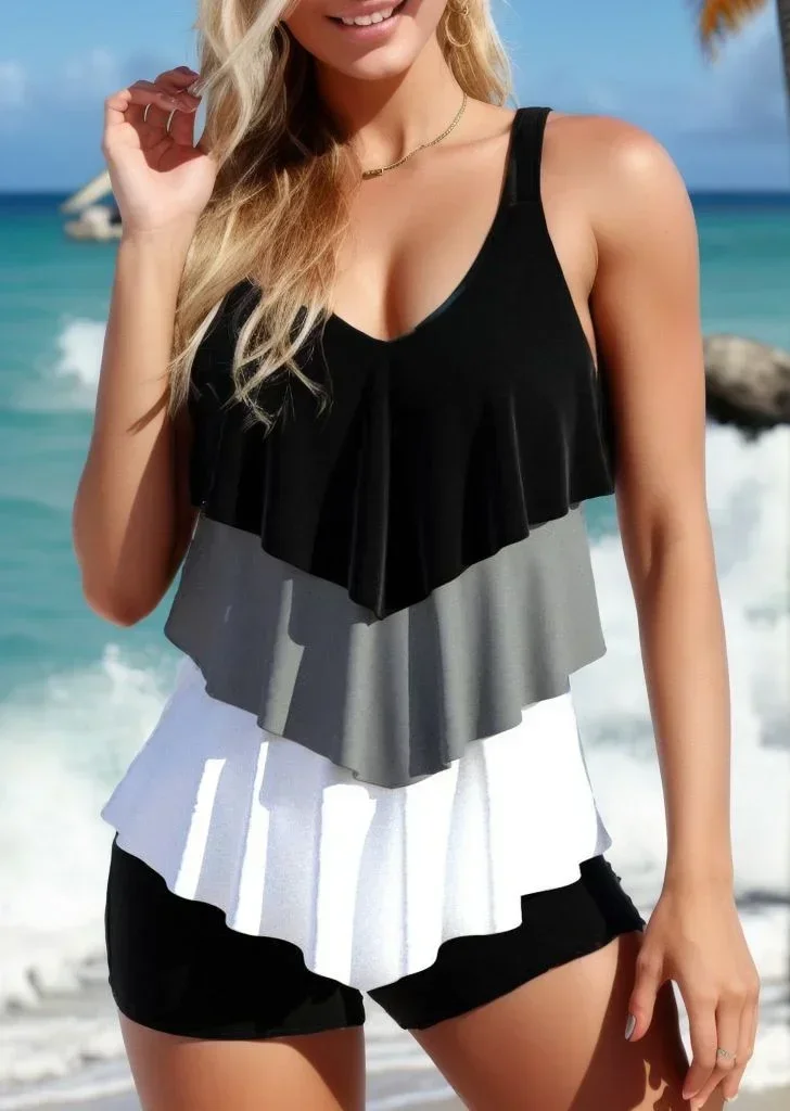 新しい高品質夏の女性の水着ファッショナブルな休暇セクシーなフリルトップショーツ 2 点セット S-6XL