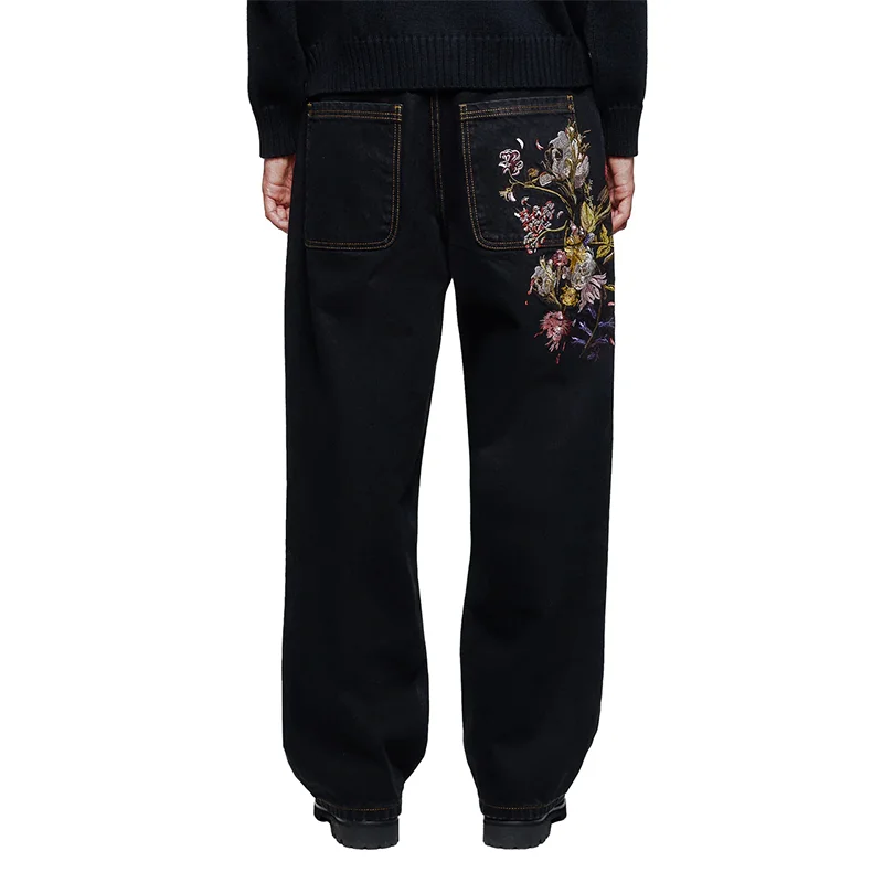 

Y2K Ретро модные джинсы изысканный цветочный узор с вышивкой нашивка с высокой талией свободные джинсы для мужчин и женщин повседневная удобная уличная одежда