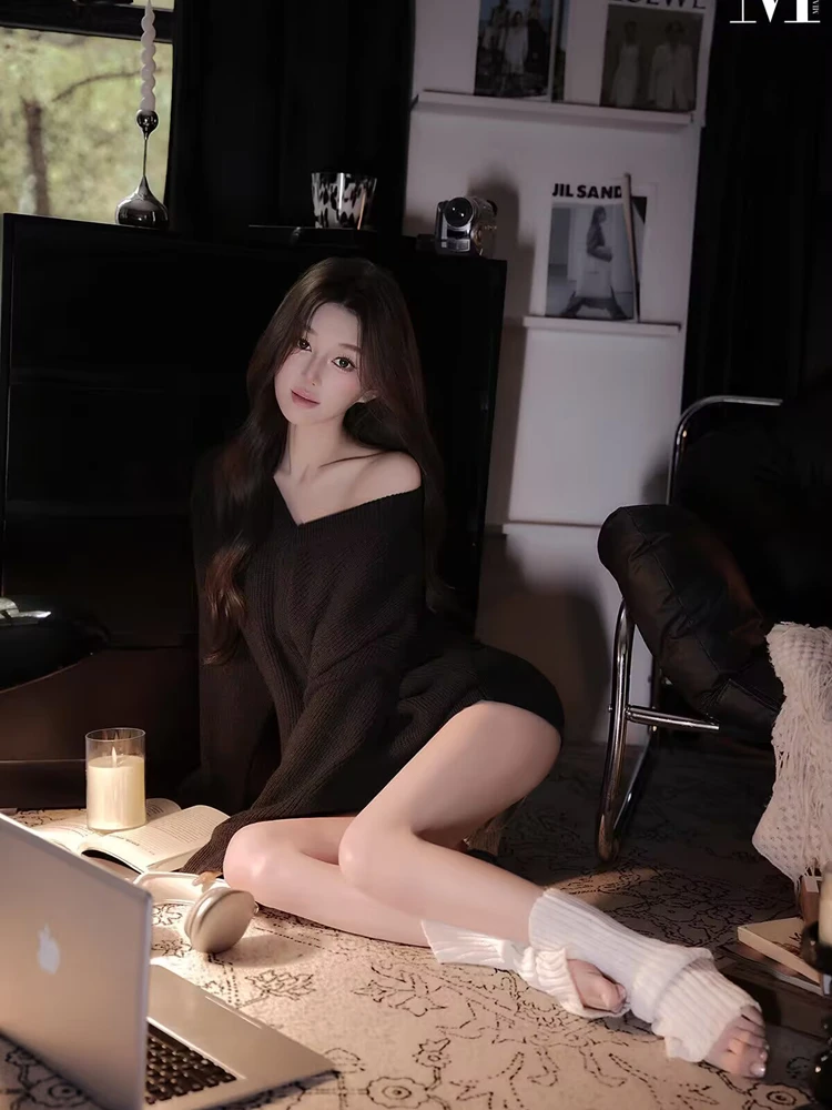 

Черный свитер для дома и фотосессий, осенне-зимняя новинка, одежда в стиле lazy для девочек-подростков, без бренда