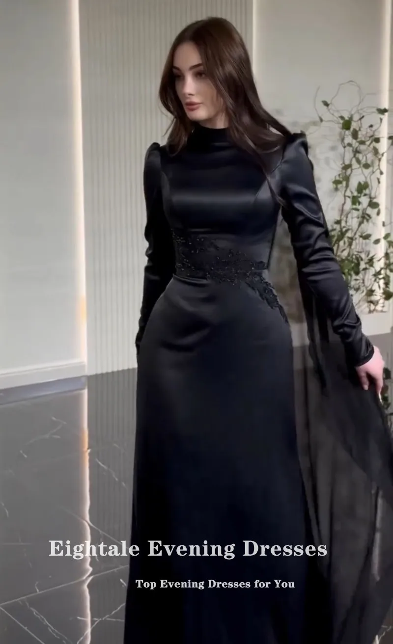 Eightale Arabic Wedding Dress Customized Black Appliques Bridal Gown Long Sleeves Muslim Mermaid Floor Length Bride Party Dress