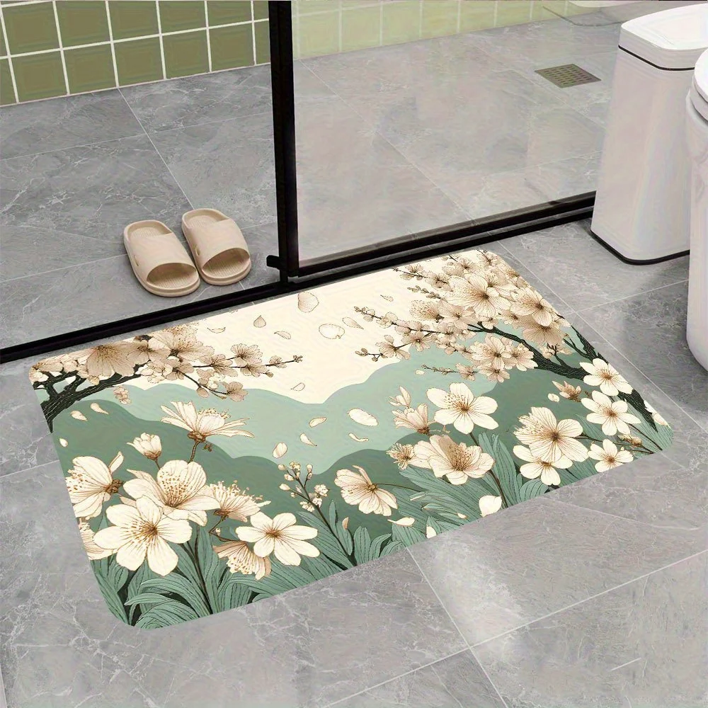 Vintage floral and mountain landscape patterned floor mat, machine washable polyester, suitable for bedroom living room décor